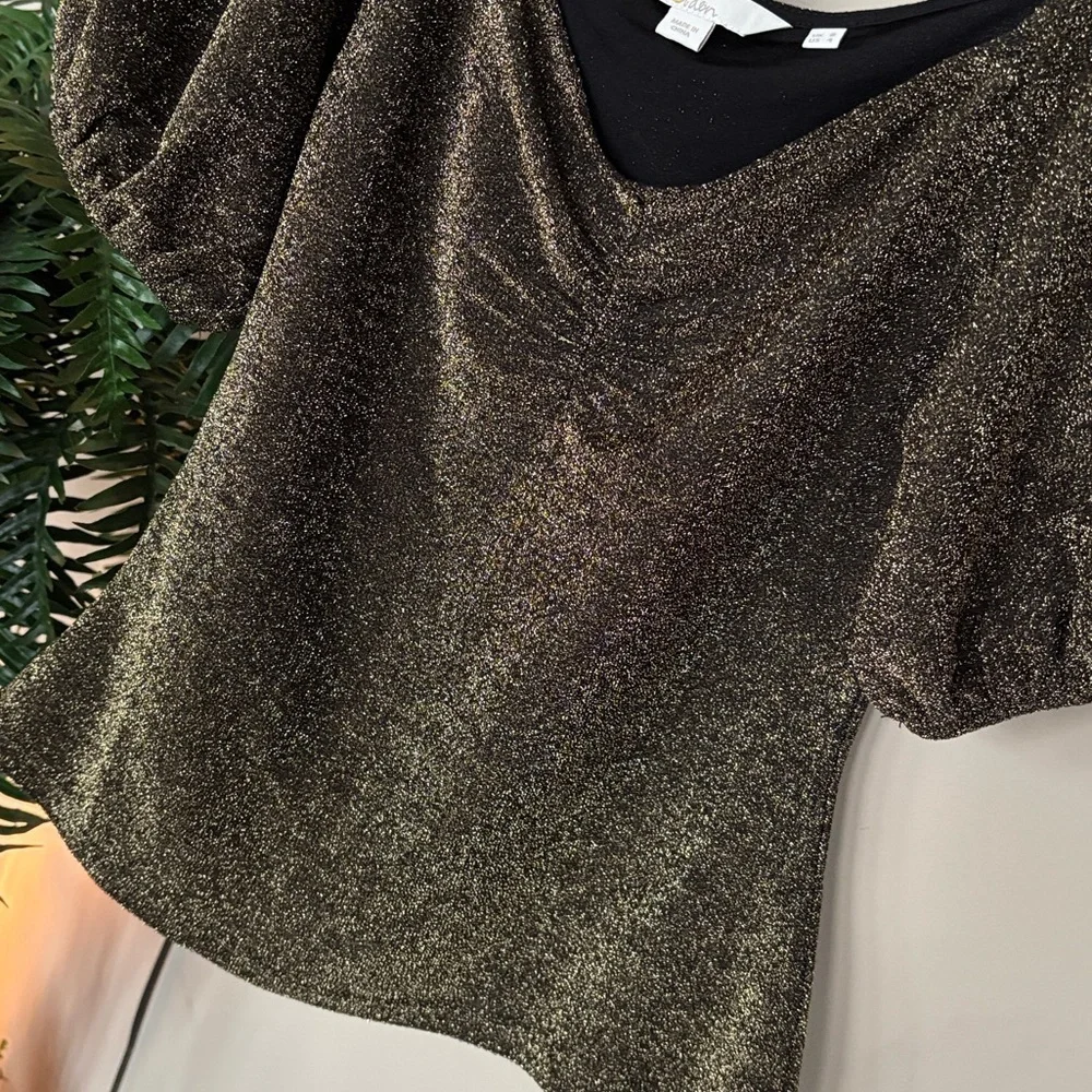 Boden Black Gold Metallic Sparkle Jersey Top Short Puff Sleeves Fitted Blouse